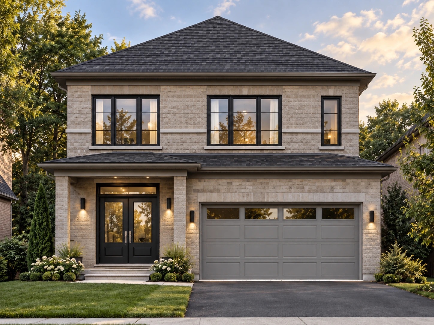 Front exterior finish study: single hip roof, covered entrance on the left and garage on the right