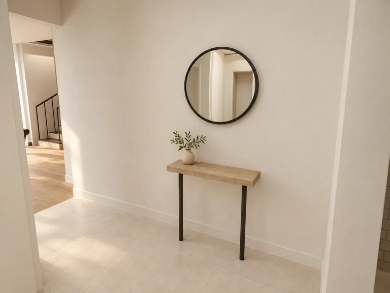 Foyer with natural oak and a simple modern console